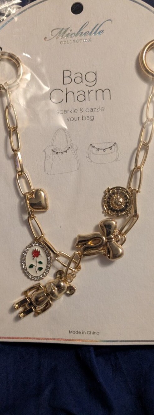 Gold-Tone Charm Purse Chain with Rose Enamel Accent
